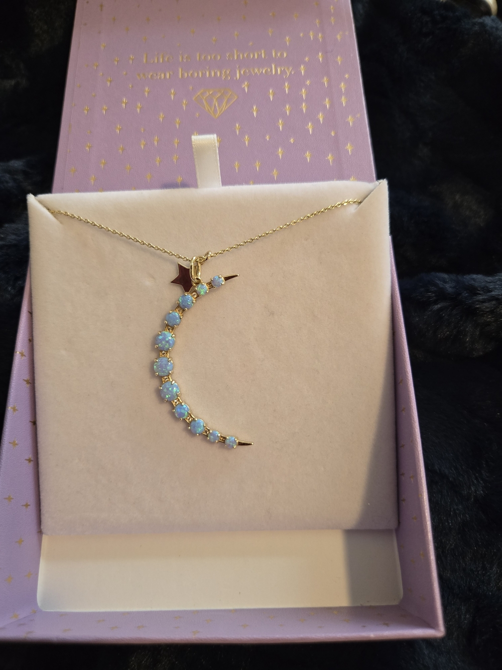 *EUC* Melinda Maria Gold Crescent Moon Necklace with Blue Opal Stones